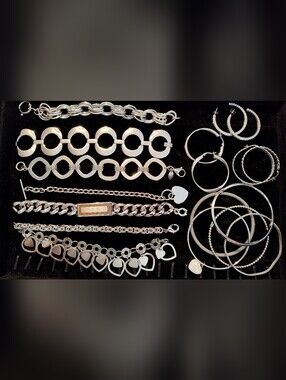 Vtg-Now Stainless Steel Jewelry Lot Ross Simons Bangles Earrings Charm Bracelet
